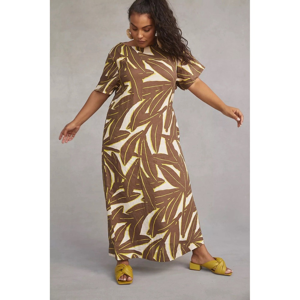Anthropologie WHIT TWO Banana Leaf Linen Midi Dress Sz XS Oversized $228
